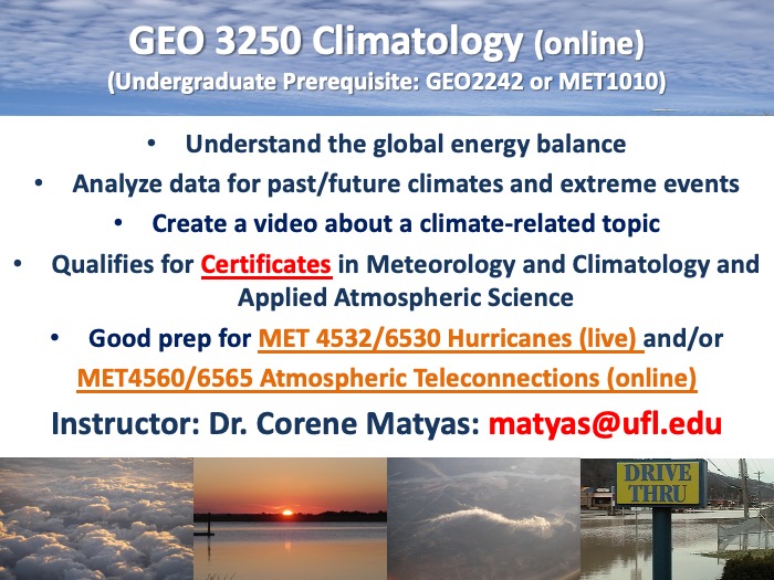 Course flyer for GEO 3250 Climatology (online) with prerequisites, learning objectives, certification info, and instructor contact