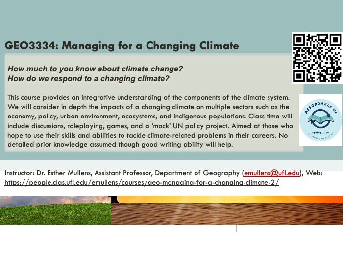 Course flyer for GEO3334: Managing for a Changing Climate taught by Dr. Esther Mullens at the University of Florida