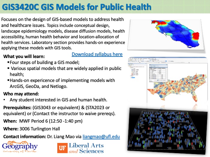 Course flyer for GIS3420C GIS Models for Public Health detailing course focus, learning objectives, and registration information