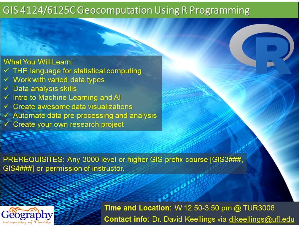 Course flyer for GIS 4124/6125C Geocomputation Using R Programming detailing learning objectives, prerequisites, and class schedule