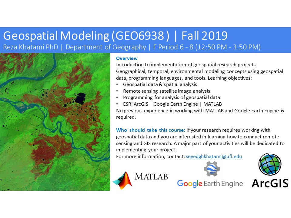 Course flyer for Geospatial Modeling (GEO6938) Fall 2019 taught by Reza Khatami PhD, detailing the course overview and objectives