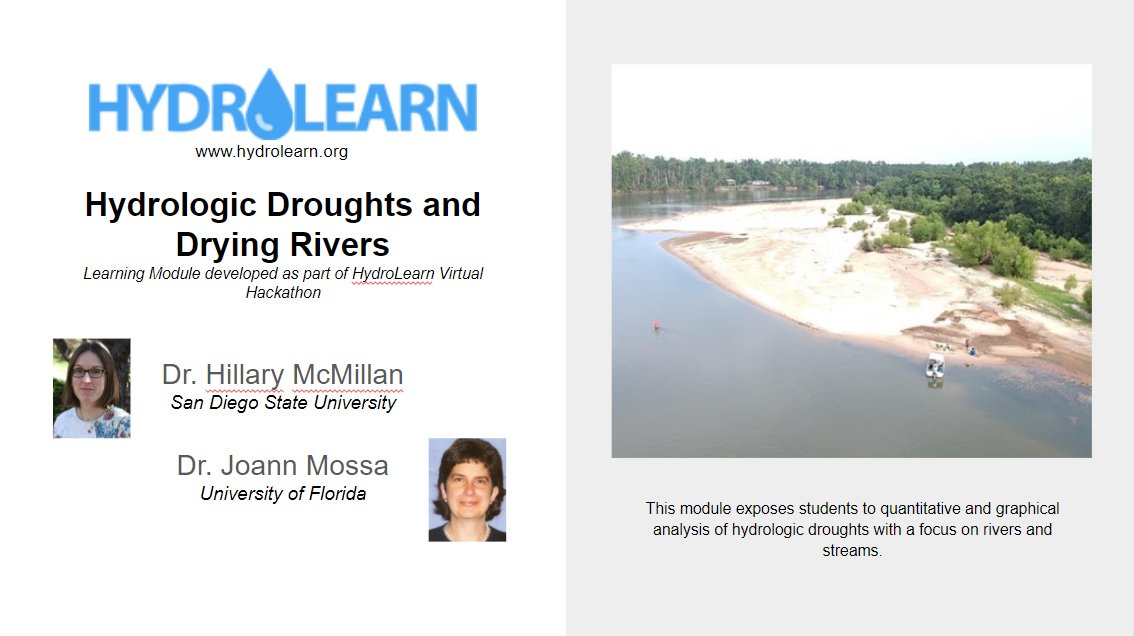 Title page for a HydroLearn module on Hydrologic Droughts and Drying Rivers featuring a photo of a partially dried riverbed