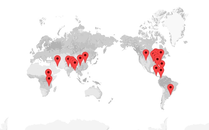 View of the world map with location icons on top of it