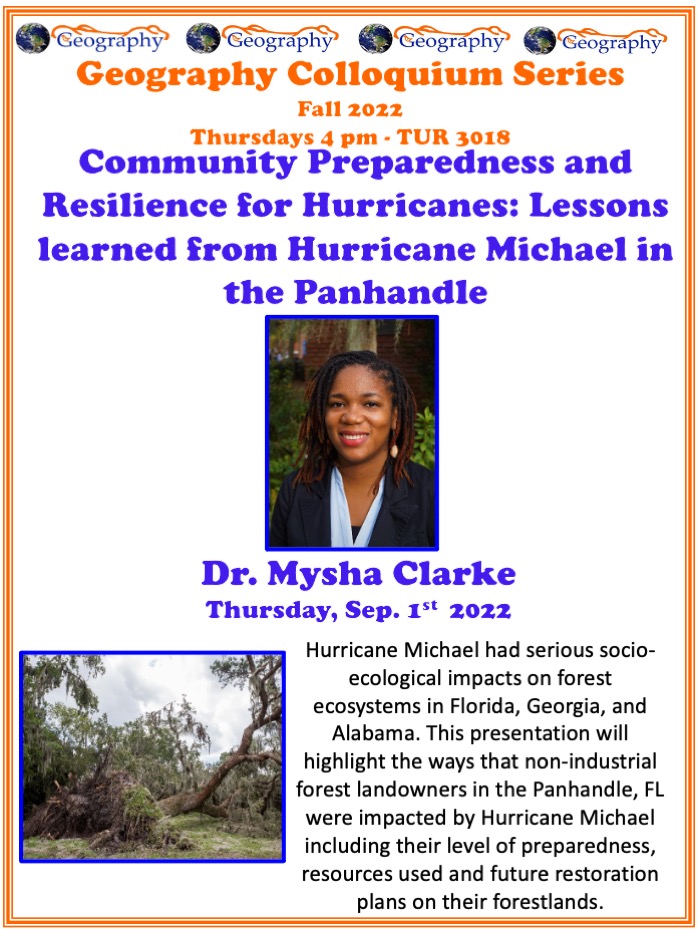 Poster advertising this week's colloquium, with a picture of Dr. Mysha Clarke and tree damage from Hurricane Michael.