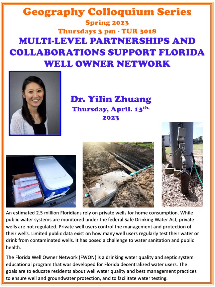 Poster for the Geography Colloquium with Doctor Yilin Zhuang. All text is repeated on the webpage.