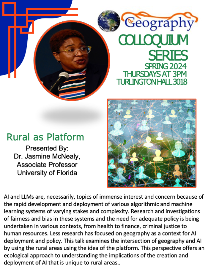 Poster for the colloquium with doctor Jasmin McNealy. All text is repeated on the webpage.
