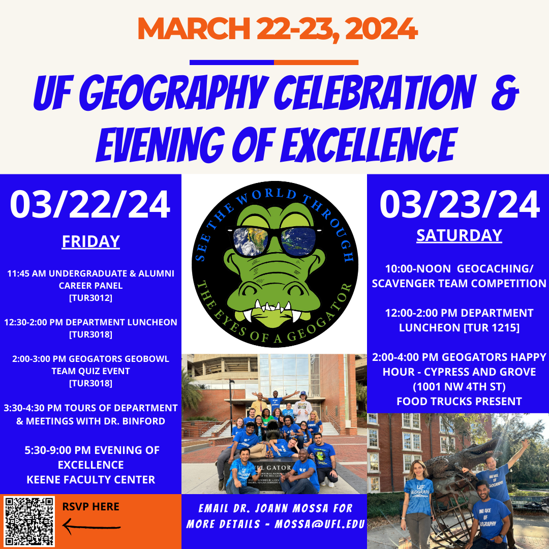 Flier for the department celebration weekend and evening of excellence event for UF Geography. The middle logo is a gator with sunglasses and text around it that says Save the World through the Eyes of a Gator. There are two pictures of students in blue shirts around alligator statues.
