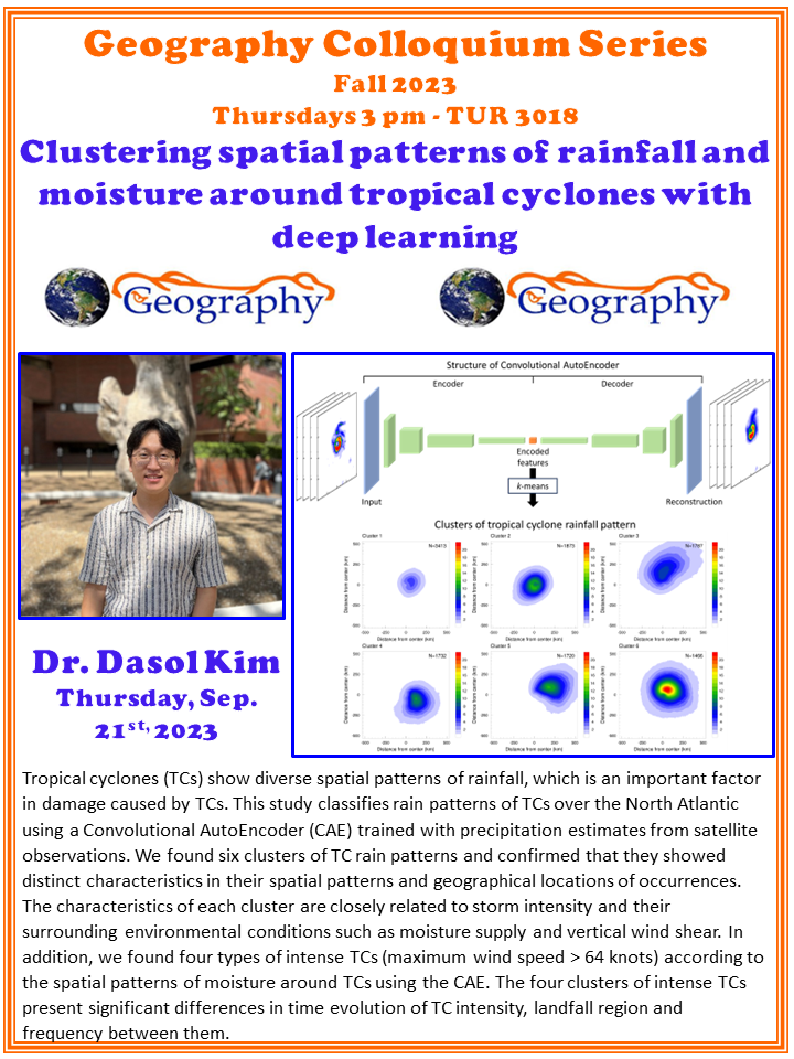 Flyer for the Geography Colloquium talk by Doctor Dasol Kim. All text is repeated on the webpage.