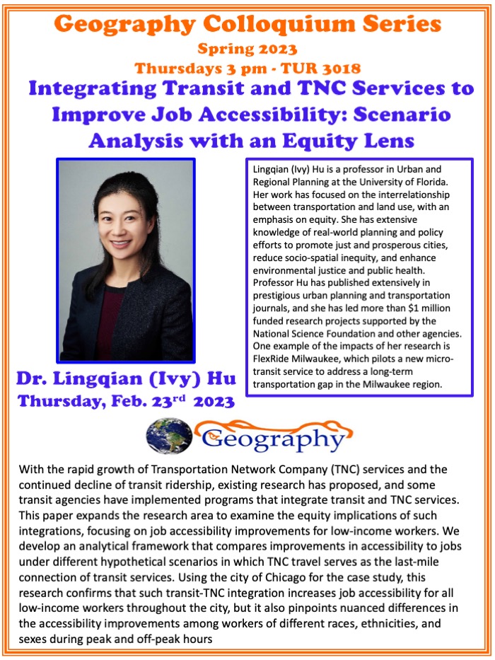 Poster advertising the Geography Colloquium with Dr. Lingqian Hu. All text is repeated on the webpage.
