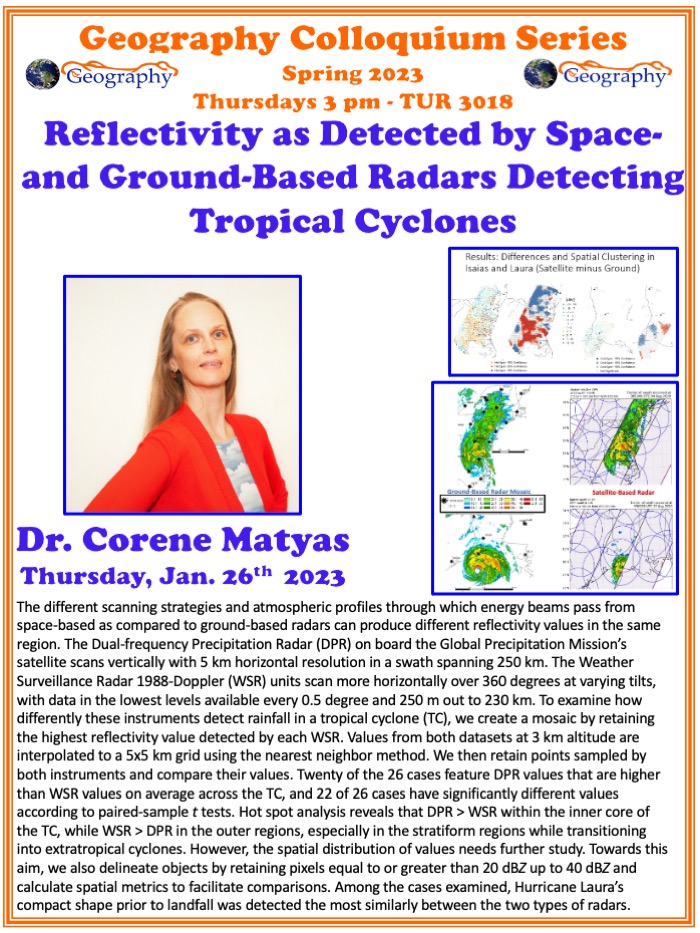 Poster advertising the colloquium presentation for Dr. Corene Matyas. All text is repeated on the website.