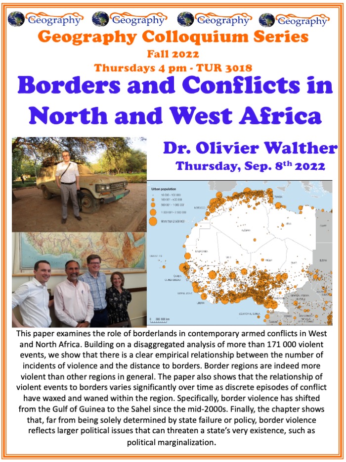 Poster advertising this week's colloquium, with two pictures of Dr. Walther and a map of conflicts in northwest Africa. 