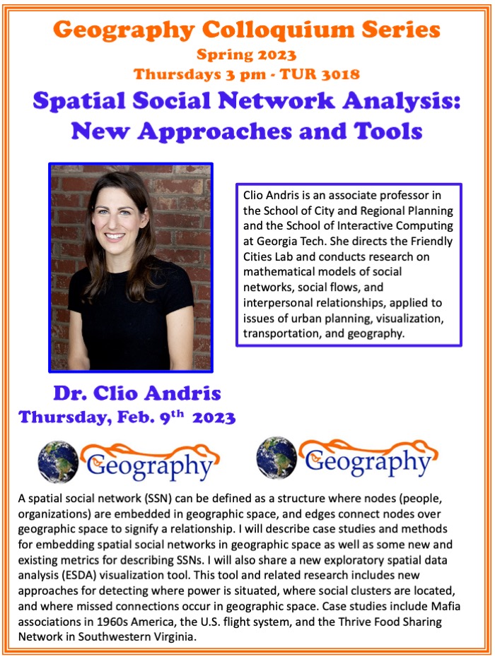 Poster advertisement for the Geography Colloquium with Dr. Clio Andris. All text is repeated on the webpage.