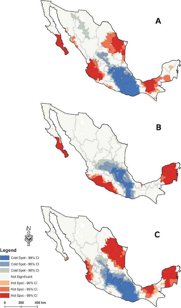 Three maps of Mexico are shown with red and blue coloring indicating hot and cold spots of a disease. The top map is for dengue virus. The middle map is for chikungunya virus. The bottom map is for Zika virus. Red areas show hot spots from 90 to 99 percent confidence intervals. Blue areas show cold spots from 90 to 99 percent confidence intervals.