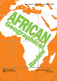 Cover of the journal African Geographical Review. Behind the green text is a map. The land is white and the water is orange.