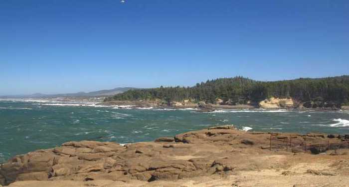Picture of coastline typical of Oregon, with water, rocky shore, tree-covered hills, cliffs, and distant mountains.