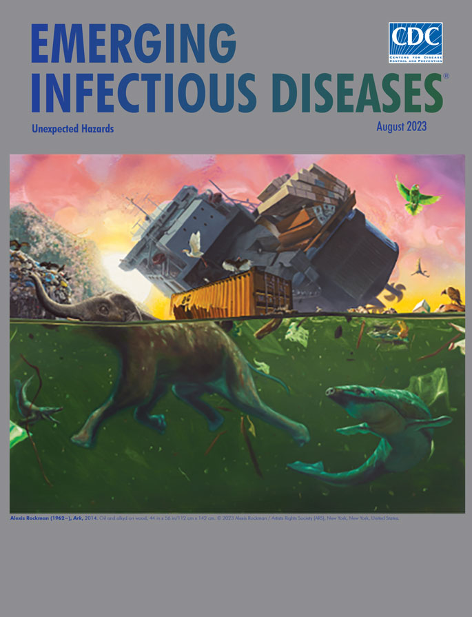 The cover of the journal with the title Emerging Infectious Diseases. The journal is from the Center for Disease Control and is dated August 2023.