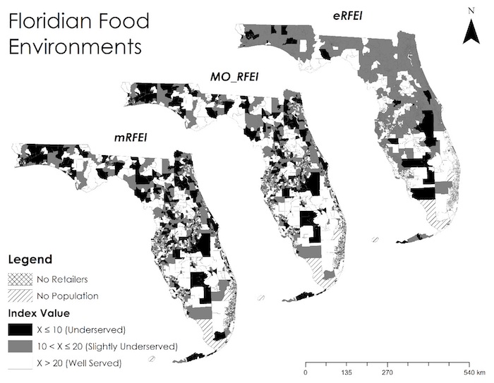 Three maps of Florida census tracks show the traditional, multi-origin, and enhanced versions of the Retail Food Environment Index for each location.