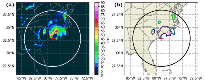 Two maps are shown of identical locations of the United States near the South Carolina Coast. The red cross is the center of Hurricane Isaias at this time. The white and black circles are a 600 kilometer radius from that center. The left map shows how much precipitation fell over three hours. Dark blue is five millimeters and light pink is ninety millimeters. The right map shows precipitation objects found, which identify regions of precipitation according to specific thresholds.