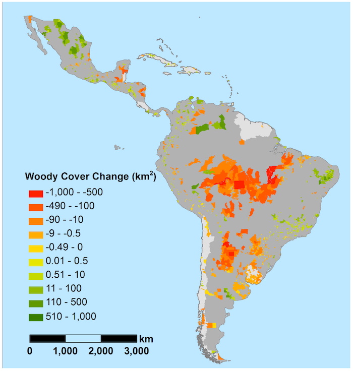 A map of latin and South America shows change in forest cover, with red areas indicating forest loss and green areas indicating forest gain.