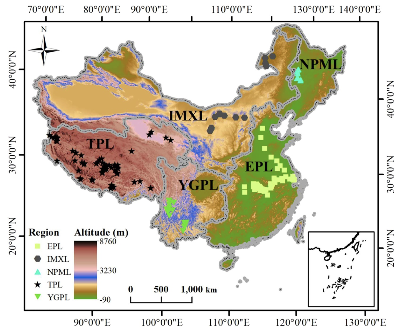 A map of china is shown. Colors across the map indicate the altitude from -90 meters to 8760 meters. The country is divided into five lake zones. E.P.L. is the eastern plain lake zone. I.M.X.L is the Inner Mongolia-Xinjiang or northwestern lake zone. N.P.M.L. is the northeastern plain and mountain lake zone. T.P.L. is the Tibetan Plateau lake zone. Y.G.PL. is the Yunnan-Guizhou or southwestern plateau lake zone. Symbols for sampling sites are different in each region.