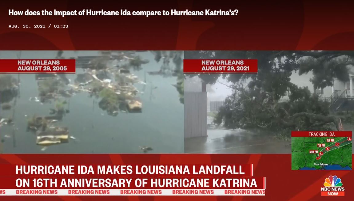 Screenshot from NBC News coverage of Hurricane Ida, showing images of intense flooding in Hurricane Katrina on August 29, 2005, and Hurricane Ida on August 29, 2021. The top of the screen says 'How does the impact of Hurricane Ida compare to Hurricane Katrina's' The bottom of the screen says 'HURRICANE IDA MAKES LOUISIANA LANDFALL ON 16TH ANNIVERSARY OF HURRICANE KATRINA' and 'BREAKING NEWS' The lower right hand corned says 'TRACKING IDA' and has a storm map. The bottom right corner has a Peacock logo and the text "NBC NEWS NOW'