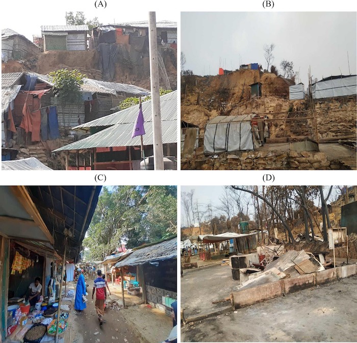 Four images are shown. The top two show refugee houses before and after it was burned by fire. The bottom two images show a grocery bazar before and after it was burned by fire.