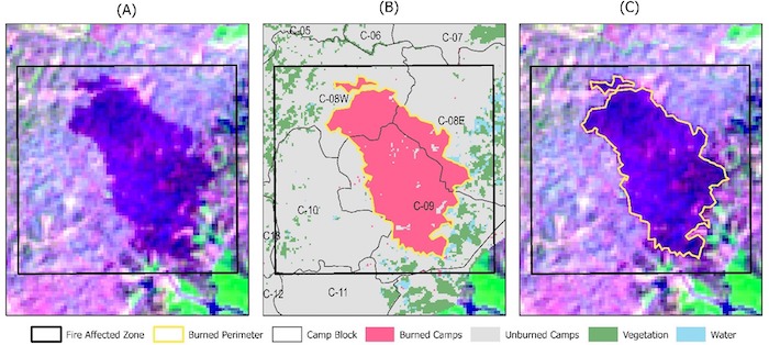 Three maps are shown. Left is raw data from the Sentinel-2 satellite. Middle is assessed burned land in red, whose perimeter is in yellow. Right is the same image as the left, but with the yellow perimeter from the middle image overlaid.