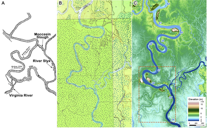 Figure 4 from Mossa and Chen's article showing three side-by-side maps of the Apalachicola River. First, the 1863 historical map, retrieved and modified from White et al from 1999. Second, a 1945 topographic map. Third, the elevation model of reach around river miles 34 through 42. The 1863 map demonstrates the historical course of the Apalachicola River during the American Civil War. The rectangle with the red dash outline on the third map indicates the approximate area of that 1863 historical map. The topographic map and elevation model show the complicated stream networks, floodplain streams and backswamp. Additional channel changes are evident by comparing the sinuosity of the channel between river mile 35 and 37 on the second and third maps.