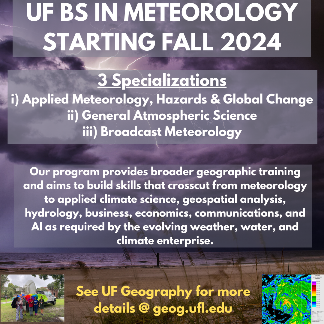 Poster advertising the upcoming bachelor of science in meteorology program at the University of Florida. All text is repeated on the webpage.
