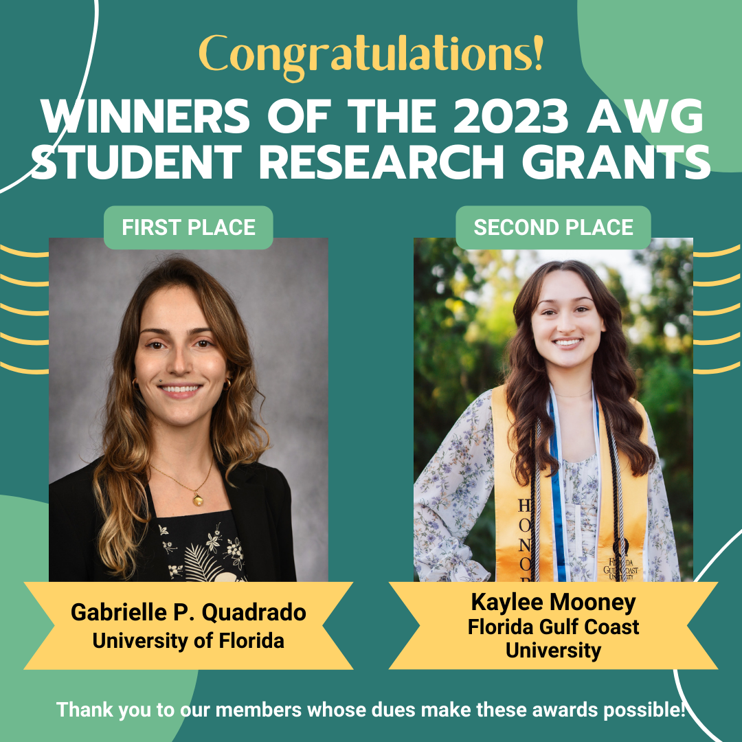 Flyer announcing first and second place winners of the 2023 AWG Student Research Grants. The flyer is in pale green and teal with yellow, black, and white text. There are images of two smiling women and the text 'Congratulations! WINNERS OF THE 2023 AWG STUDENT RESEARCH GRANTS First Place Gabrielle P. Quadrado University of Florida Kaylee Mooney Florida Gulf Coast University Thank you to our members whose dues make these awards possible!"