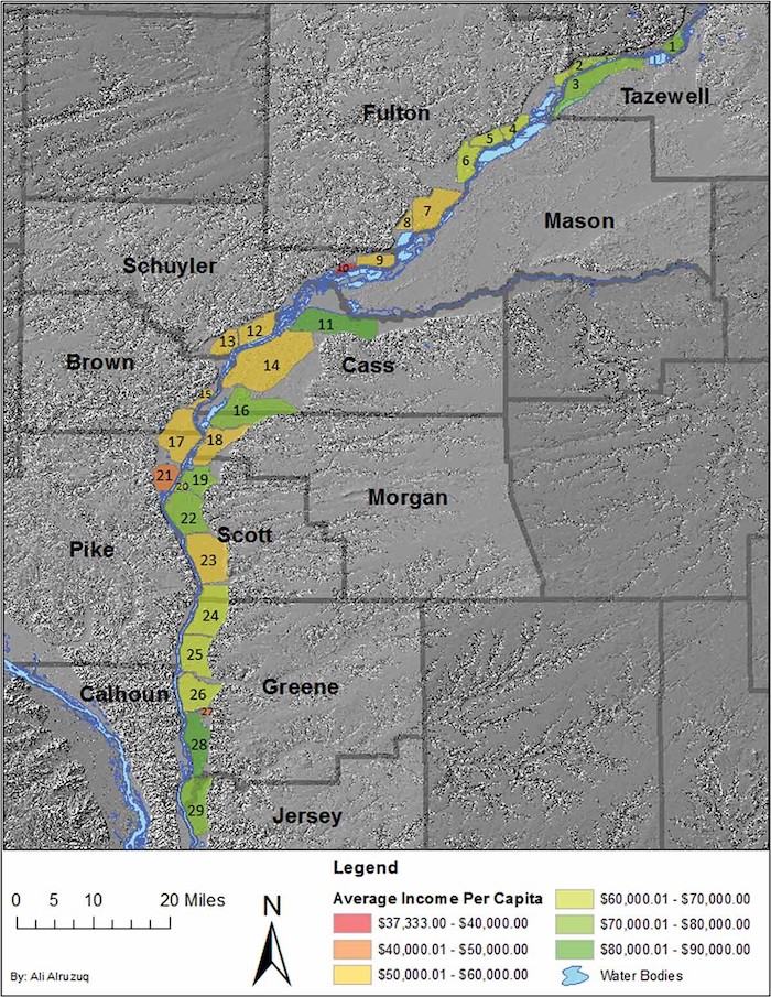 A map centered on the lower Illinois river is shown. Counties bordering the river are shown in gray, and from south to north include Jersey, Calhoun, Greene, Pike, Scott, Morgan, Brown, Cass, Schuyler, Mason, Fulton, and Tazewell counties. Also along the river are shown 29 flood-prone areas, each protected by a levee. Each area is numbered. Colors show the average income per capita of residents in the flood prone area according to a legend at the bottom. The darkest red is for 37,333 through 40,000 dollars, and the darkest green is for 80,000 to 90,000 dollars.