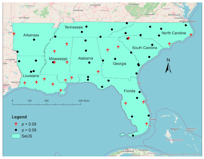 Map of southeast states in the United States. Black dots and red up arrows represent weather stations where rainfall is measured. Red up arrows indicate that station has shown an increasing frequency in one inch per hour rain events. Black dots show stations were no such trend is observed.