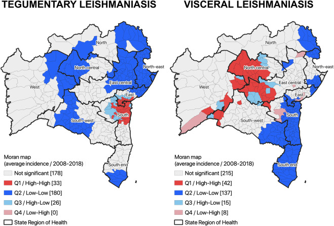 Two Moran Maps of Bahia Brazil are shown. The left is tegumentary leishmaniasis. The right is visceral leishmaniasis. The red and blue colors indicate areas with high and low concentrations of both diseases.