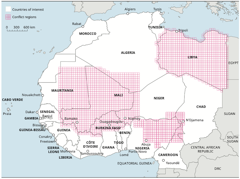 Map of West Africa. Blue areas are water. White areas are the countries of interest in the paper. Pink squares outline conflict regions. Gray areas are other countries, but not focused on in the paper.