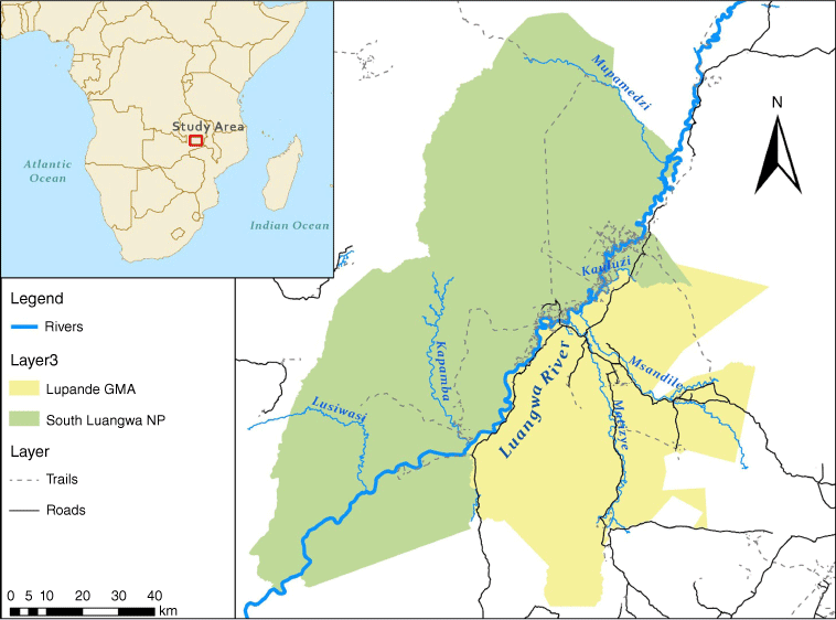 Study site location showing South Luangwa National Park in green and Lupande Game Management Area in yellow, as well as roads, major rivers, and tributaries.