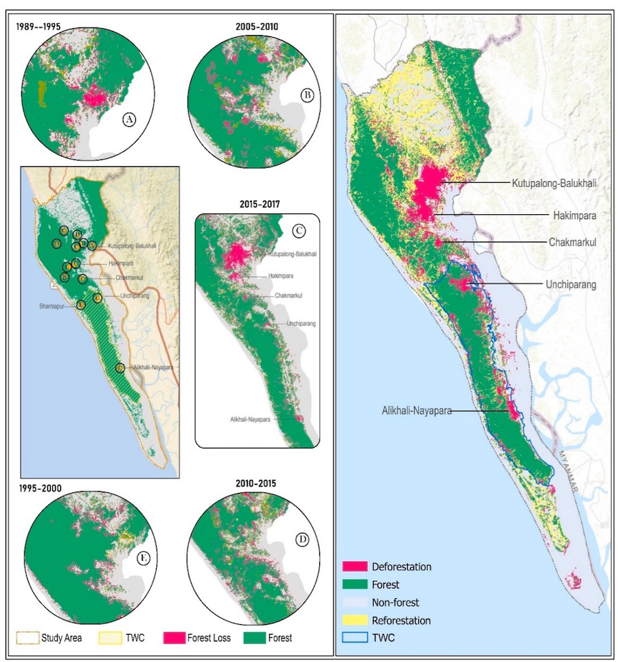 Maps of the Teknaf peninsula in southeast Bangladesh are shown. The left side shows six images. The large rectangle on the left shows the forested area in 1989 in green and indicates the locations of the inset maps around it. The circles are inset maps that show how forest was lost between 1989 to 1995 (plot A on top left), between 1995 to 2000 (plot E on bottom left), between 2005 to 2010 (plot B on top right), and between 2010 to 2015 (plot D on bottom right). Similarly, plot C is a rectangular inset map on the middle right showing forest loss over a larger area between 2015-2017. The large image on the right shows the total forest area lost in red and gained in green between 1989 and 2021.
