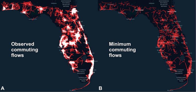 Two maps of Florida are shown side by side. The left map shows spatial patterns of observed commuting flows for the overall children. The right map shows minimum commuting flows for the overall children.